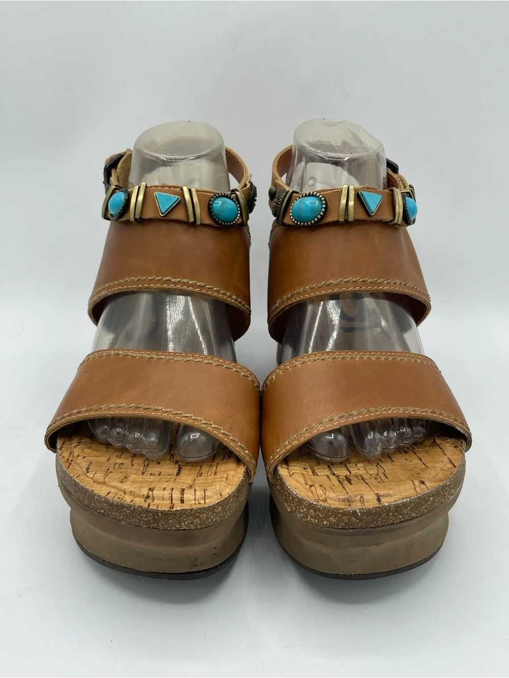 OTBT Layover Brown Leather Wedge Sandals with Turquoise and Metal Stone Accents.